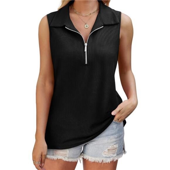 Womens Summer Tops V Neck Collared Shirts Dressy Casual Ribbed Tank - Picture 3 of 6